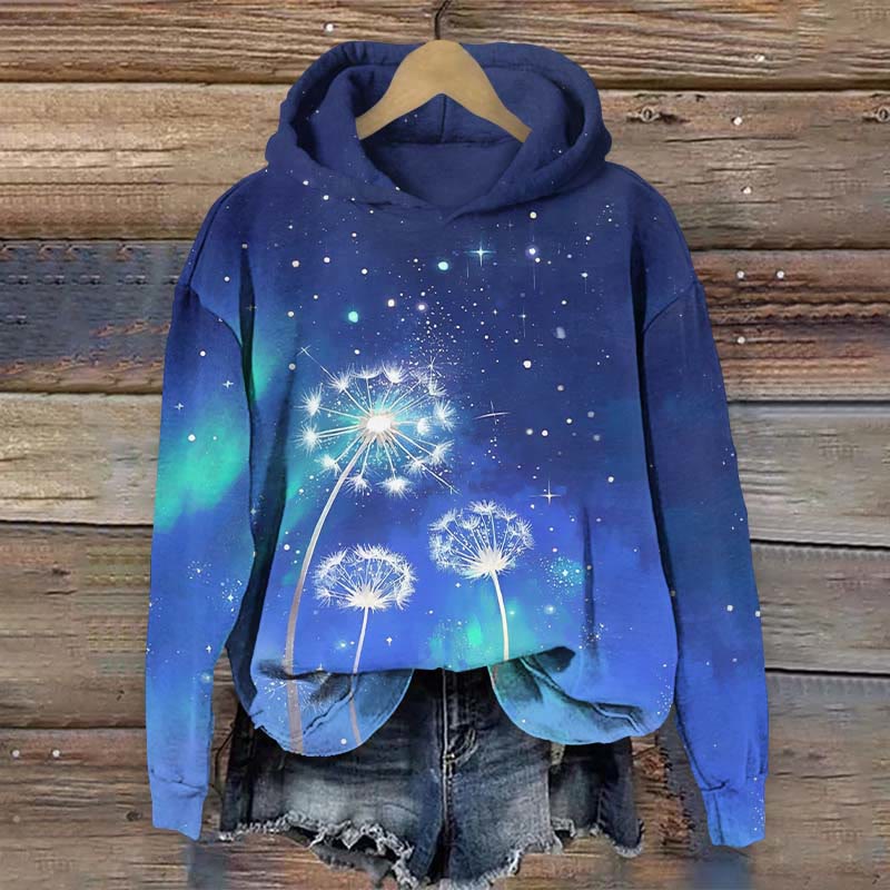 Dandelion and Starry Sky Art Print Long Sleeve Hoodie - Blue - US44-46(8XL) - image 1