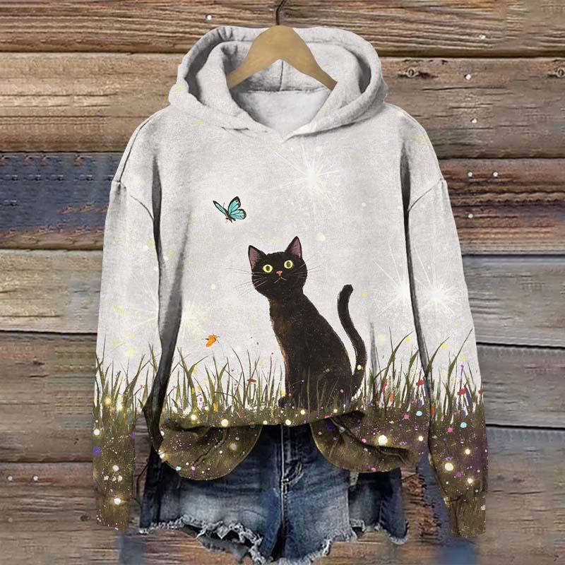 Black Cat And Butterfly Graphi Plant Art Print Long Sleeve Hoodie - Grey - US44-46(8XL) - image 1