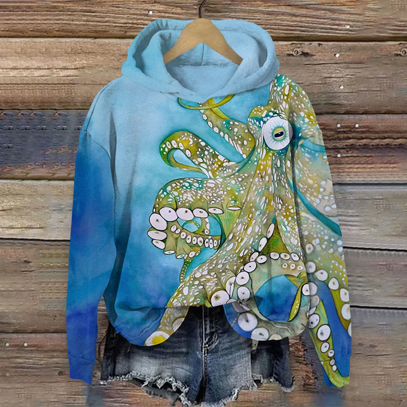 Watercolor green Octopus art print Long Sleeve Hoodie - Blue - US44-46(8XL) - image 1