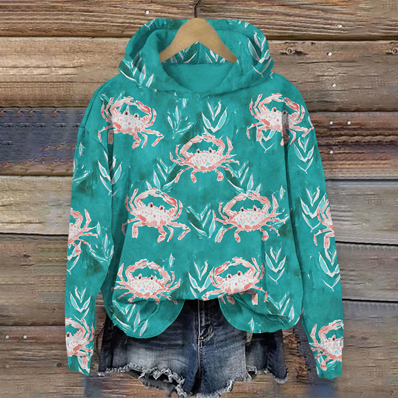 Crab And Seaweed Art Print Long Sleeve Hoodie - Lake Blue - US44-46(8XL) - image 1