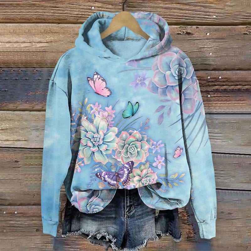 Nature Inspired Flowers And Butterfly  Art Print Long Sleeve Hoodie - Blue - US44-46(8XL) - image 1