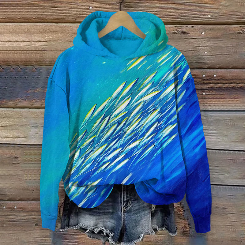 Underwater School Of Fish Art Print Long Sleeve Hoodie - Blue - US44-46(8XL) - image 1
