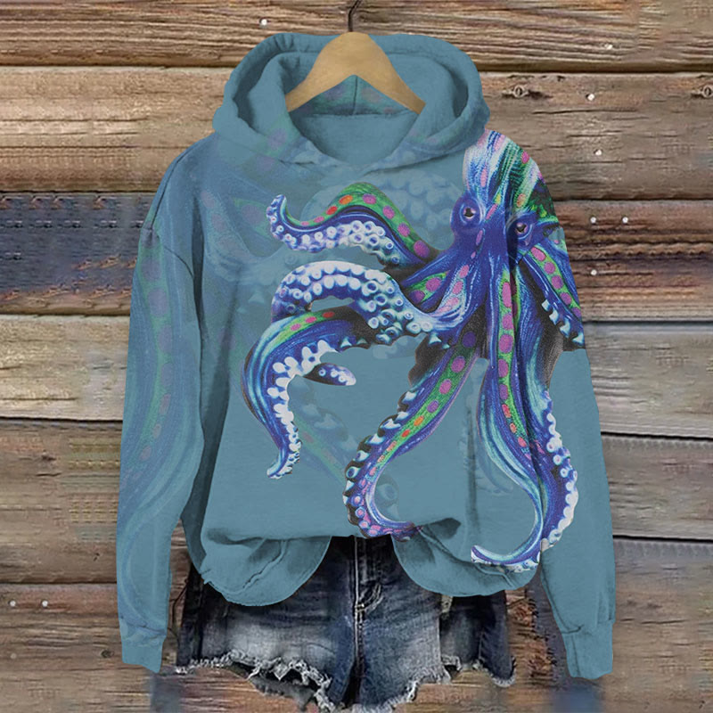 Octopus Painting Art Print Long Sleeve Hoodie - Blue - US44-46(8XL) - image 3