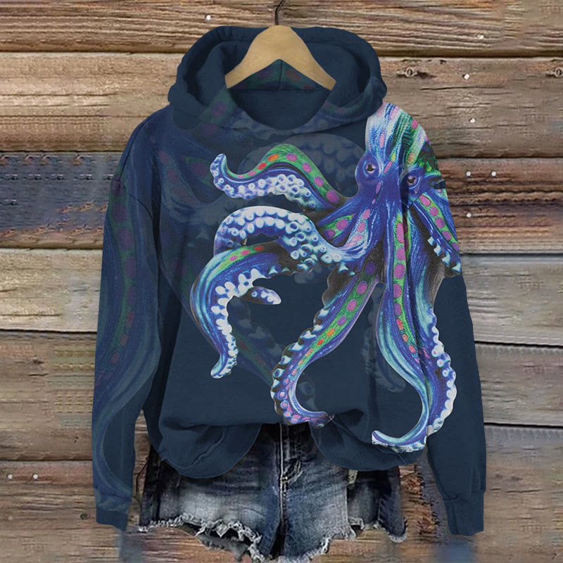 Octopus Painting Art Print Long Sleeve Hoodie - Navy Blue - US44-46(8XL) - image 4