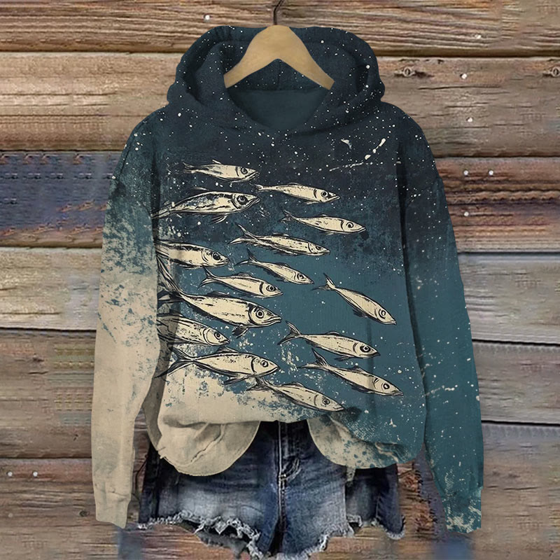 Ocean Fish School Art Print Long Sleeve Hoodie - Blue - US44-46(8XL) - image 1