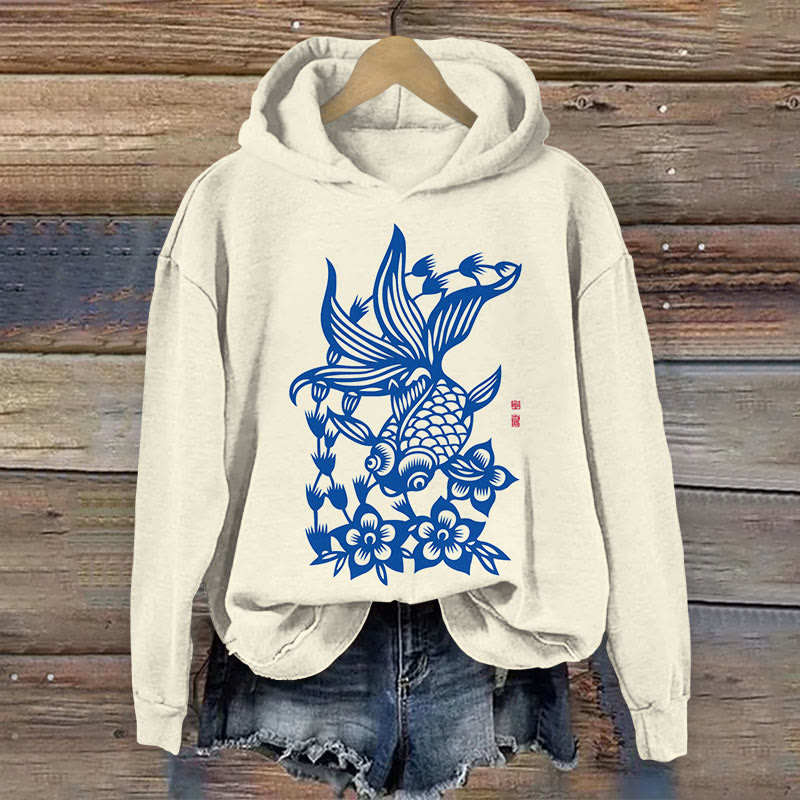 Japanese Style Goldfish And Flowers Art Print Long Sleeve Hoodie - Apricot - US44-46(8XL) - image 1