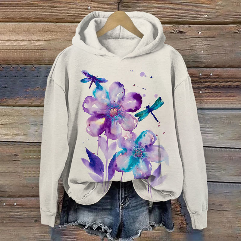Watercolor Flowers And Dragonfly Painting Art Print Long Sleeve Hoodie - Apricot - US44-46(8XL) - image 1