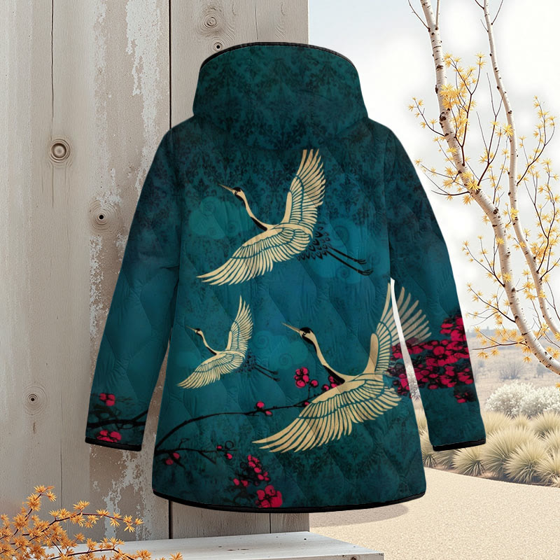 Japanese Style Crane Art Print Zipper Jackets - Dark Green - 4XL - image 1