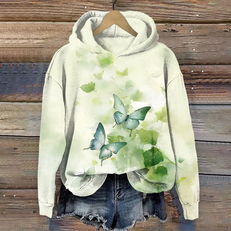 Romantic Watercolor Butterfly Art Print Long Sleeve Hoodie - Light Green - US44-46(8XL) - image 1