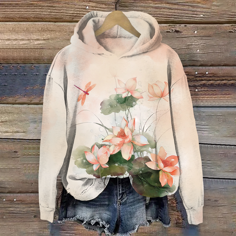 Lovely Lotus Blossom & Dragonfly Art Print Long Sleeve Hoodie - Pink - US44-46(8XL) - image 3