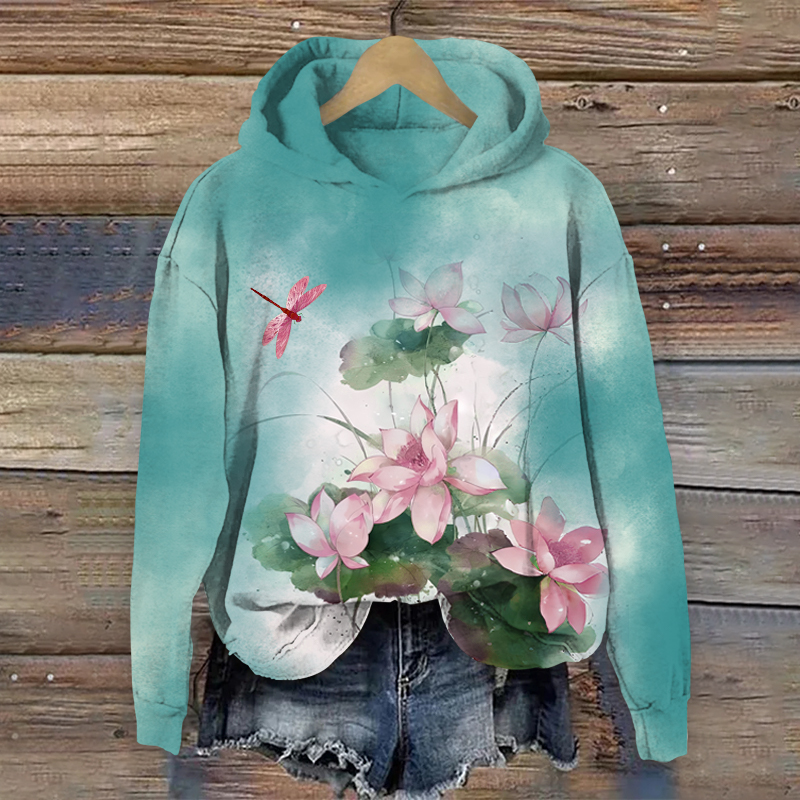 Lovely Lotus Blossom & Dragonfly Art Print Long Sleeve Hoodie - Blue - US44-46(8XL) - image 1