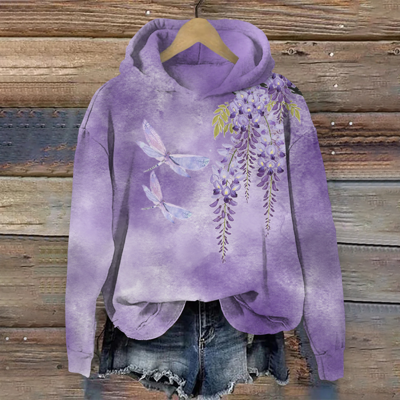 Romantic Dragonfly & Lavender Art Print Long Sleeve Hoodie - Purple - US44-46(8XL) - image 1