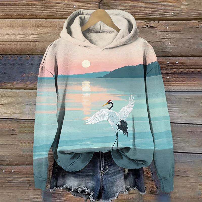Japanese Sunrise Crane Resting By The Lake Art Print Long Sleeve Hoodie - Blue - US44-46(8XL) - image 1