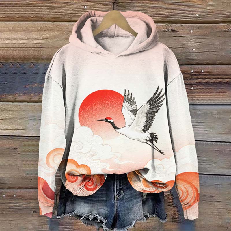 Japanese Watercolor Crane Flying Across The Sun Art Print Long Sleeve Hoodie - Light Pink - US44-46(8XL) - image 2