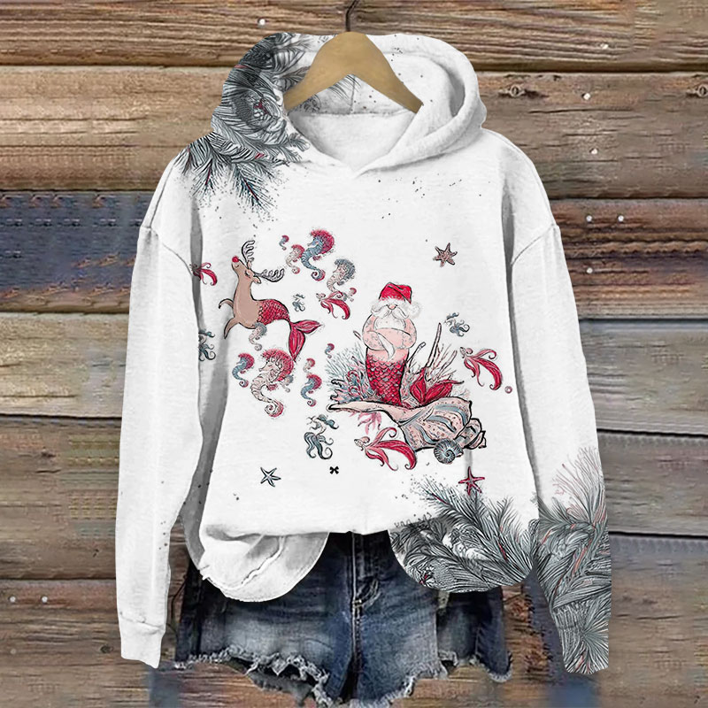 Elk And Santa Claus Transformed Into Mermaids Christmas Print Long Sleeve Hoodie - White - US44-46(8XL) - image 1