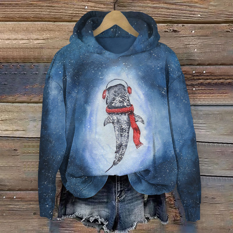 Christmas Whale In The Deep Sea Christmas Print Long Sleeve Hoodie - Blue - US44-46(8XL) - image 1