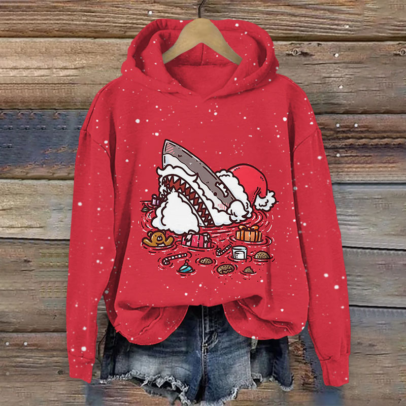 Shark Wearing Santa Hat Christmas Print Long Sleeve Hoodie - Red - US44-46(8XL) - image 1
