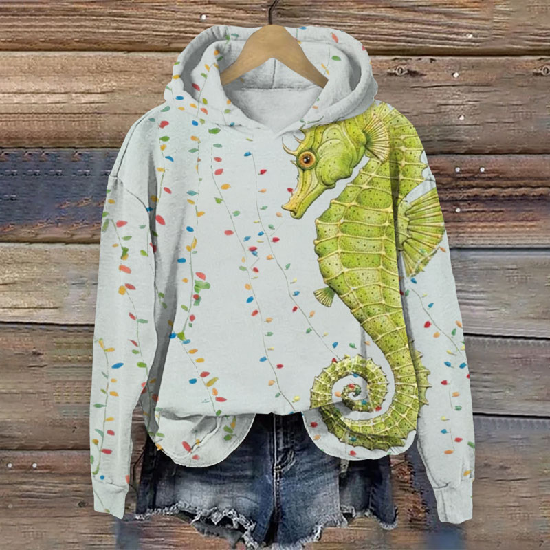 Seahorse Lantern Christmas Print Long Sleeve Hoodie - Light Gray - US44-46(8XL) - image 1