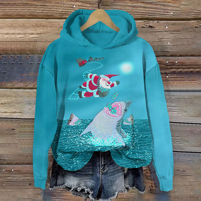 Santa Claus Gives Fish To Shark Christmas Print Long Sleeve Hoodie - Lake Blue - US44-46(8XL) - image 1
