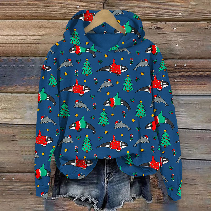 Fish Dressed Up For Christmas Print Long Sleeve Hoodie - Blue - US44-46(8XL) - image 1