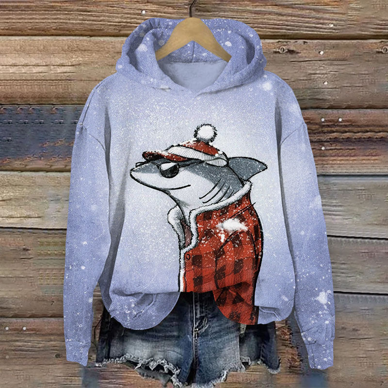 Shark In The Snow Christmas Print Long Sleeve Hoodie - Purple - US44-46(8XL) - image 1