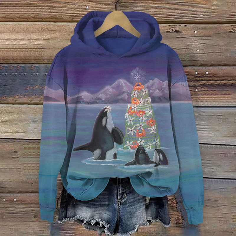 Killer Whales Celebrating Christmas Print Long Sleeve Hoodie - Purple - US44-46(8XL) - image 1