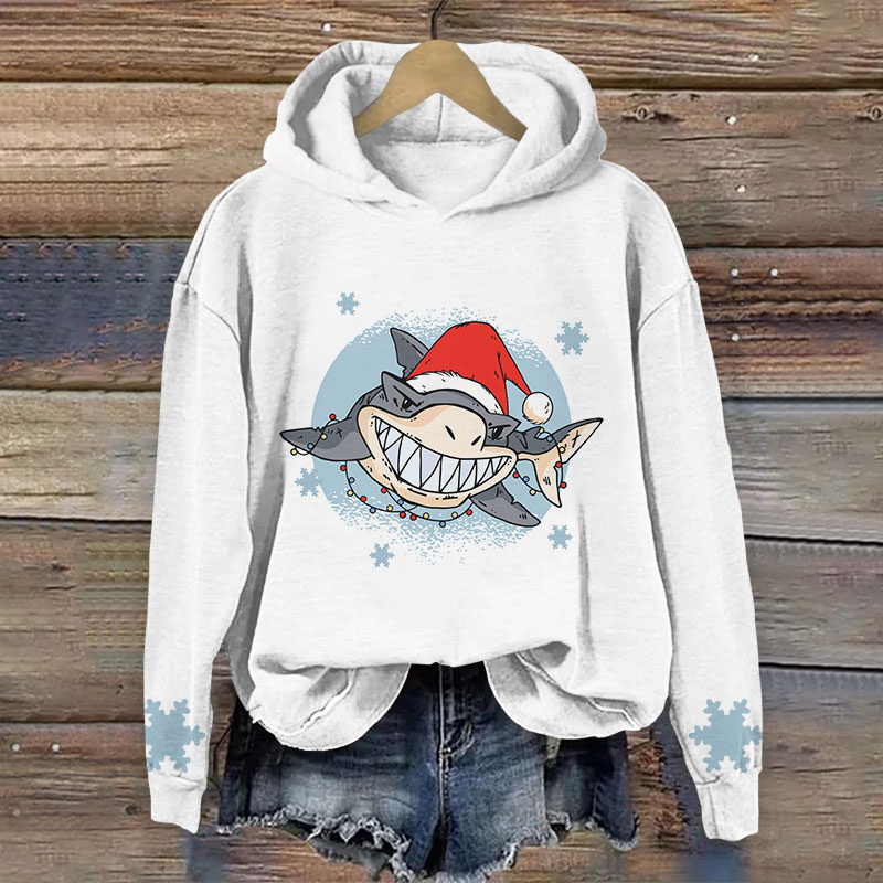Shark Wearing Santa Hat Christmas Print Long Sleeve Hoodie - White - US44-46(8XL) - image 1