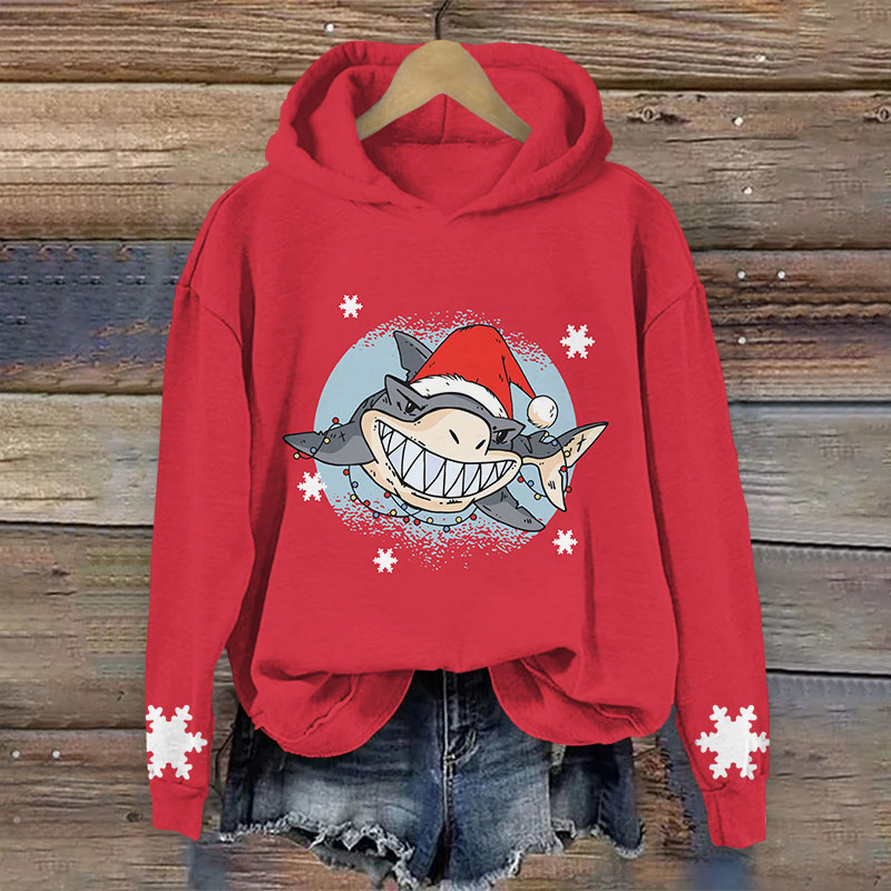Shark Wearing Santa Hat Christmas Print Long Sleeve Hoodie - Red - US44-46(8XL) - image 5