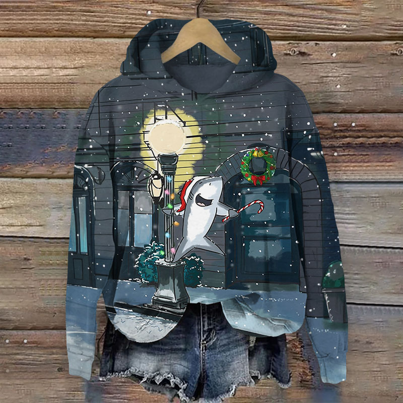 Funny Shark On A Snowy Night Christmas Print Long Sleeve Hoodie - Grey - US44-46(8XL) - image 1