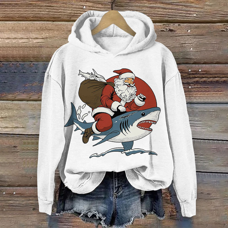Santa Claus Riding A Shark Christmas Print Long Sleeve Hoodie - White - US44-46(8XL) - image 1
