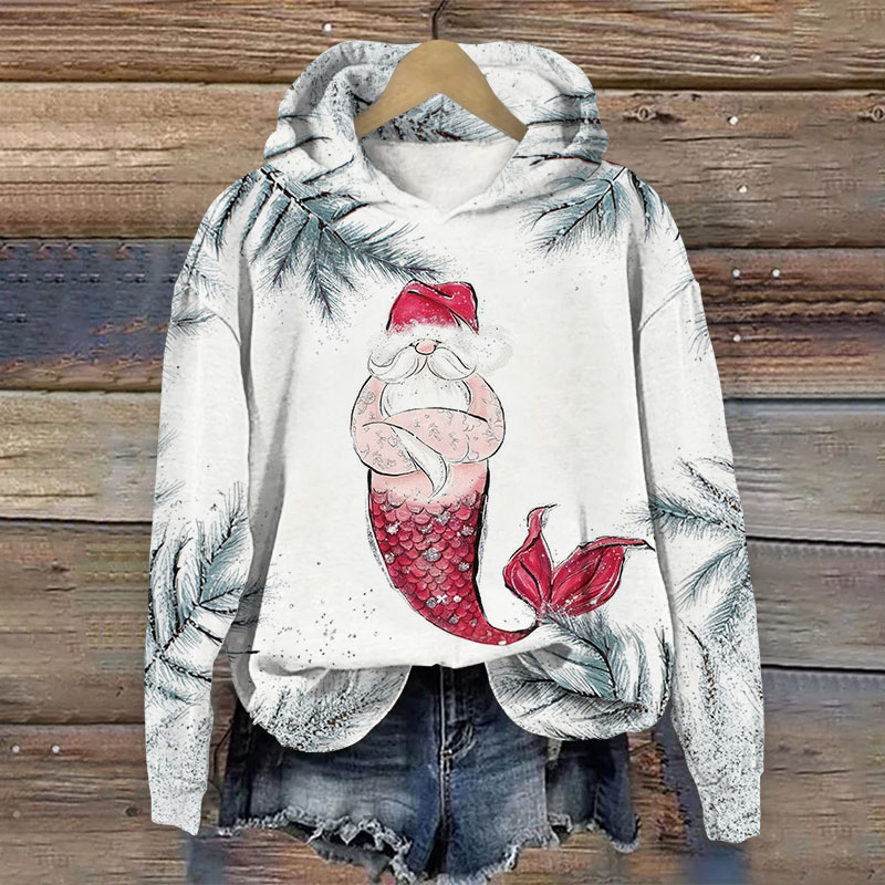 Mermaid Tail Santa Claus Christmas Print Long Sleeve Hoodie - White - US44-46(8XL) - image 1