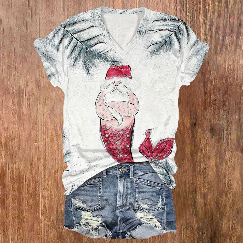 Mermaid Tail Santa Claus Christmas Print V-neck T-shirt - White - US32-34(5XL) - image 1