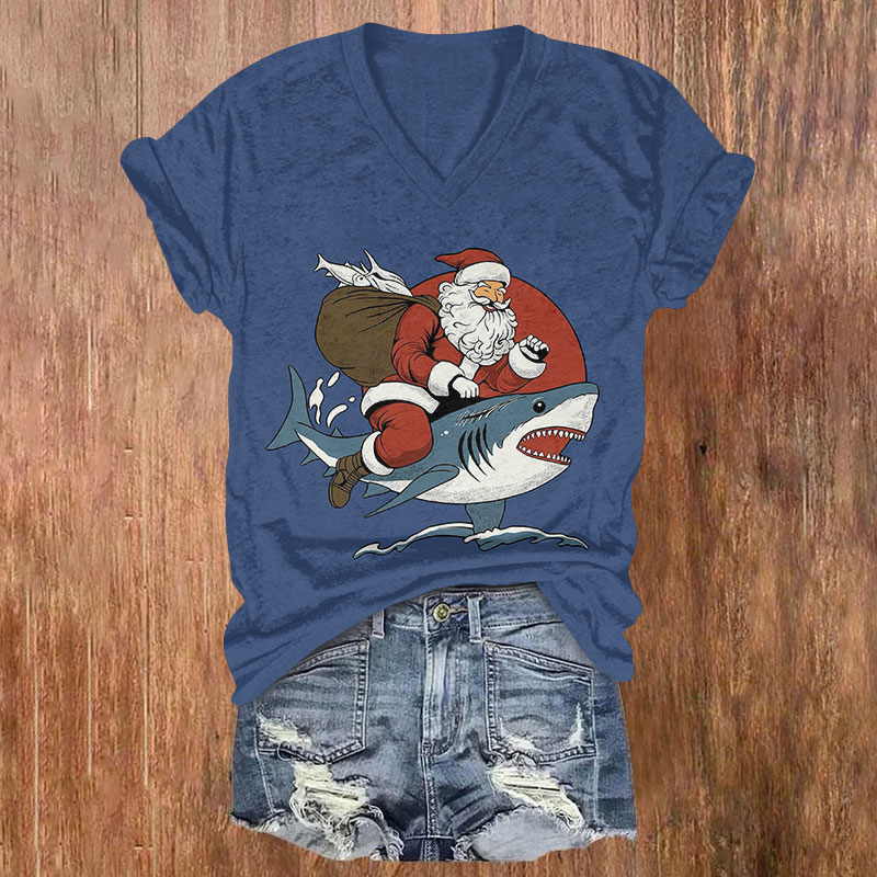 Santa Claus Riding A Shark Christmas Print V-neck T-shirt - Blue - US32-34(5XL) - image 1