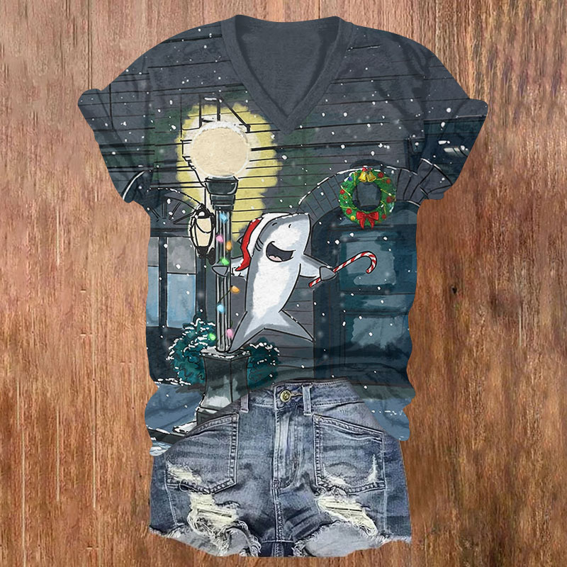 Funny Shark On A Snowy Night Christmas Print V-neck T-shirt - Grey - US32-34(5XL) - image 1