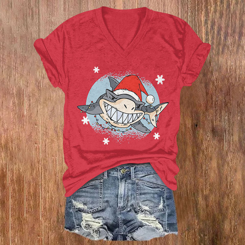Shark Wearing Santa Hat Christmas Print V-neck T-shirt - Red - US32-34(5XL) - image 1