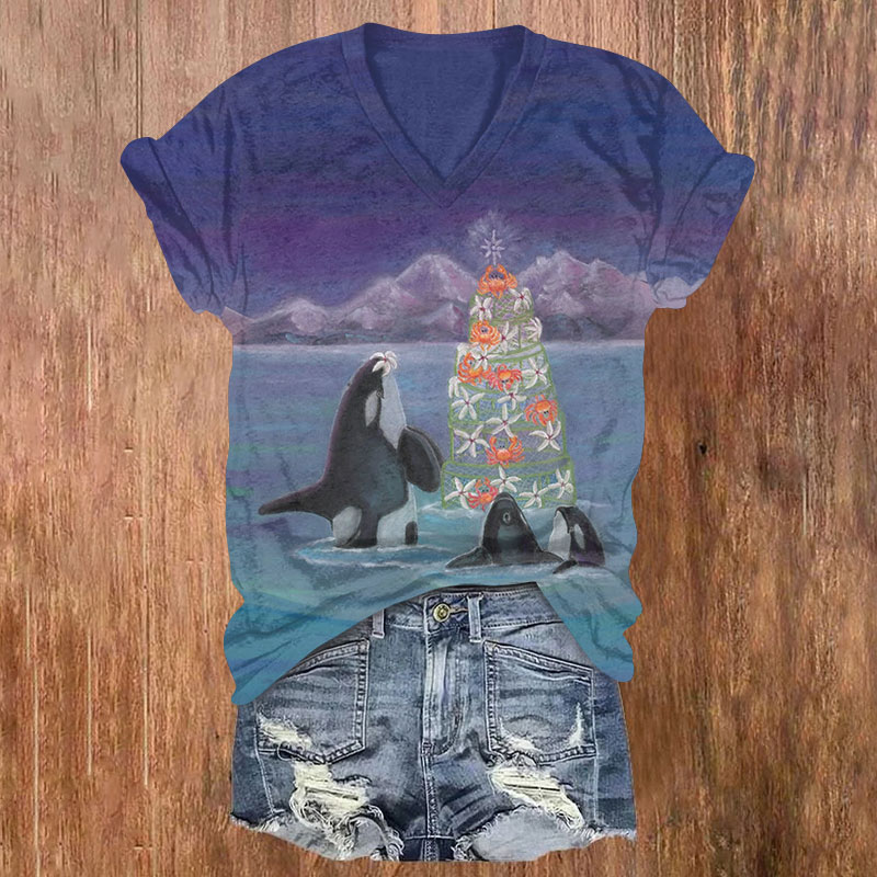 Killer Whales Celebrating Christmas Print V-neck T-shirt - Purple - US32-34(5XL) - image 1