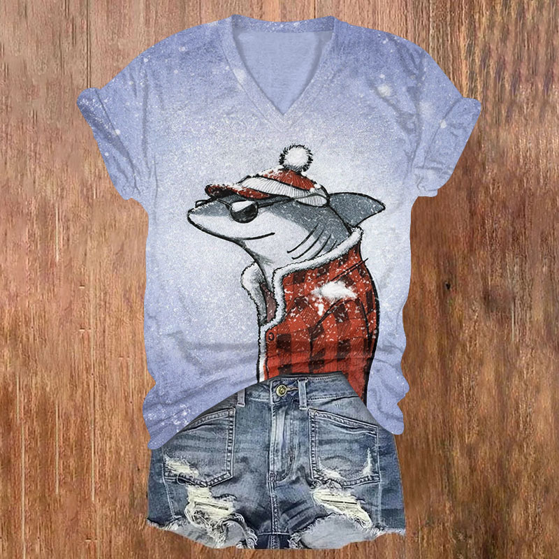 Shark In The Snow Christmas Print V-neck T-shirt - Purple - US32-34(5XL) - image 1
