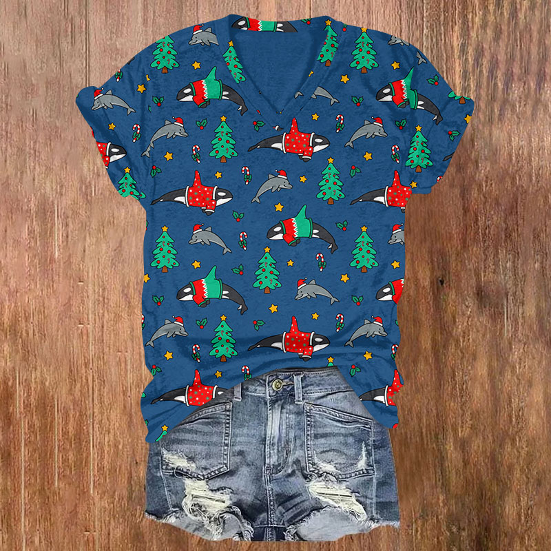Fish Dressed Up For Christmas Print V-neck T-shirt - Blue - US32-34(5XL) - image 1