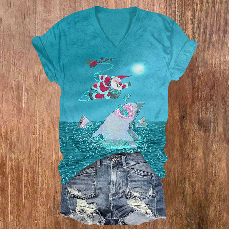 Santa Claus Gives Fish To Shark Christmas Print V-neck T-shirt - Lake Blue - US32-34(5XL) - image 1