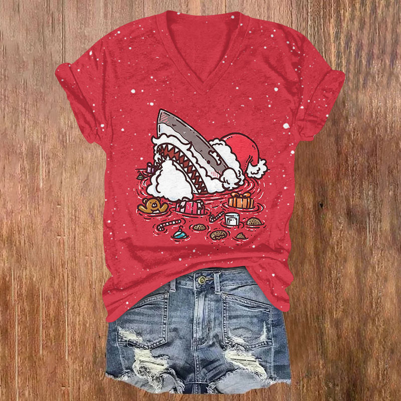 Shark Wearing Santa Hat Christmas Print V-neck T-shirt - Red - US32-34(5XL) - image 1