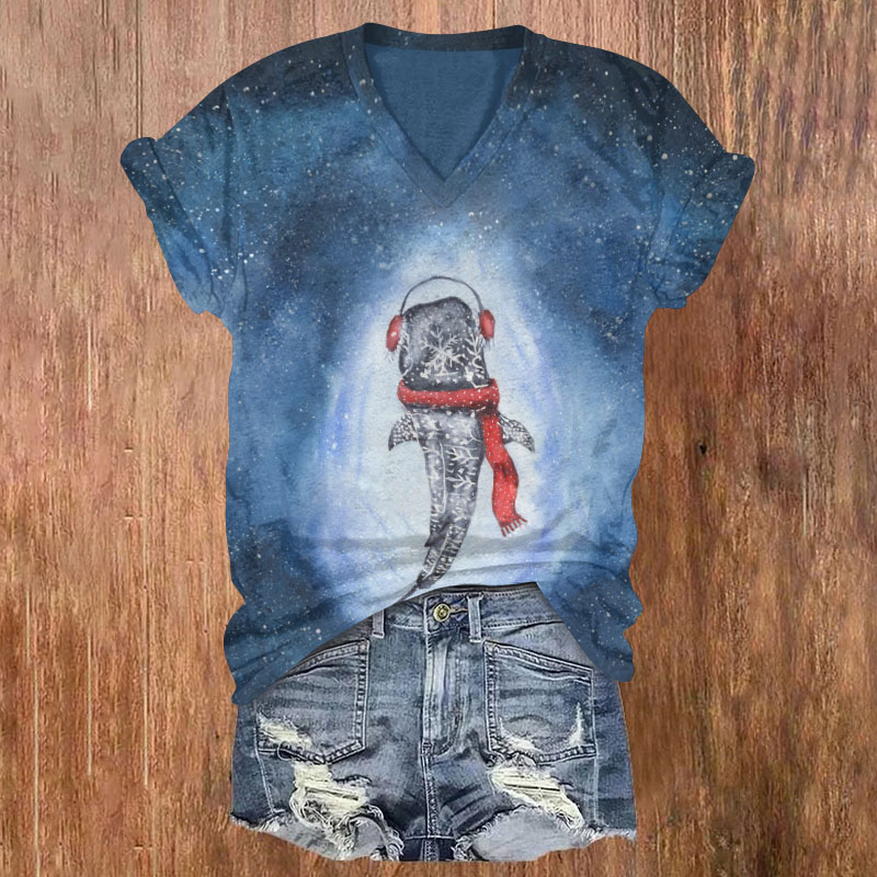 Christmas Whale In The Deep Sea Christmas Print V-neck T-shirt - Blue - US32-34(5XL) - image 1