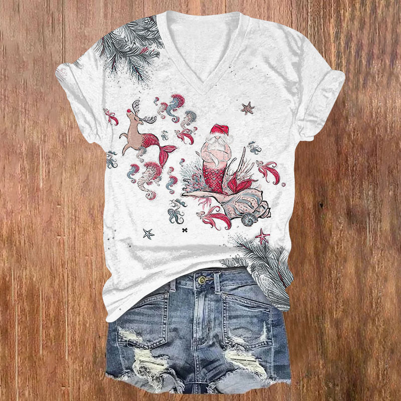 Elk And Santa Claus Transformed Into Mermaids Christmas Print V-neck T-shirt - White - US32-34(5XL) - image 1