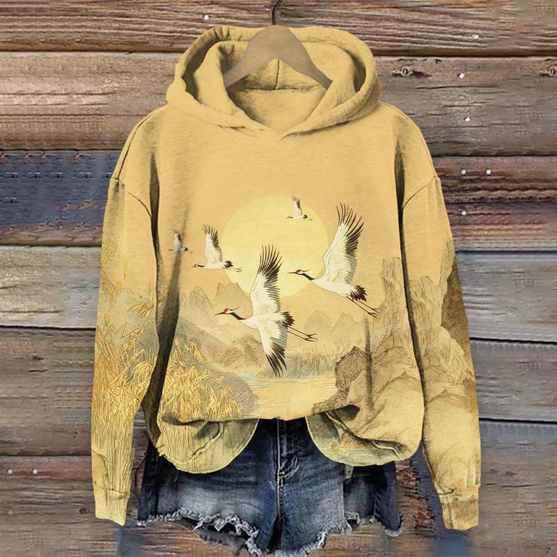 Japanese White Cranes Flying Across The Hills Art Print Long Sleeve Hoodie - Yellow - US44-46(8XL) - image 1