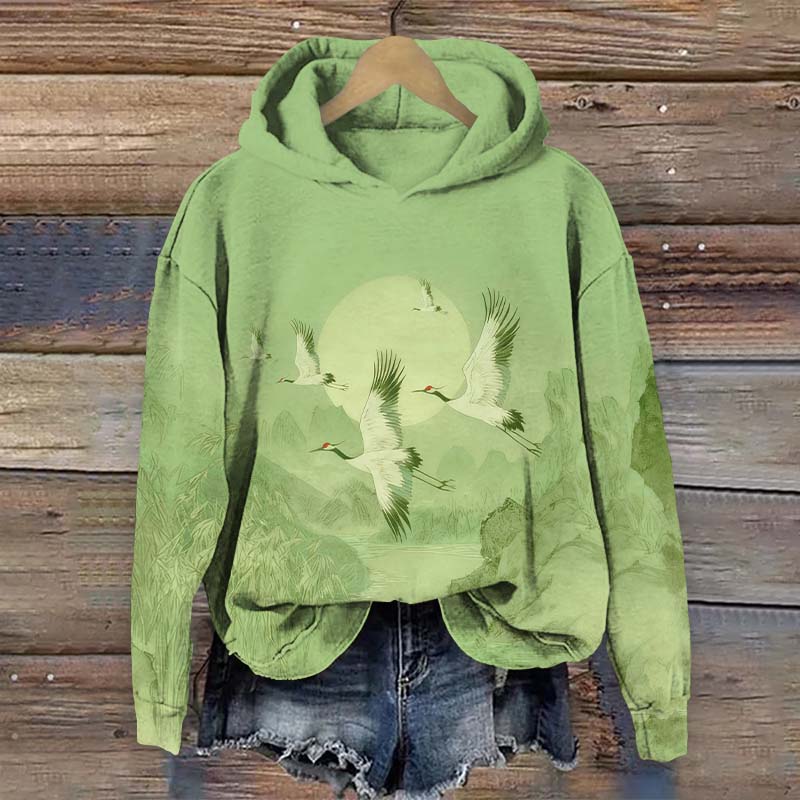Japanese White Cranes Flying Across The Hills Art Print Long Sleeve Hoodie - Green - US44-46(8XL) - image 2