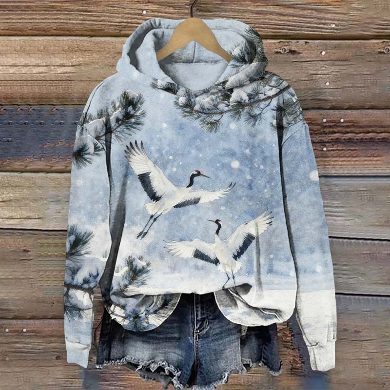 Japanese Happy Crane Playing In Snowy Winter Art Print Long Sleeve Hoodie - Blue - US44-46(8XL) - image 1
