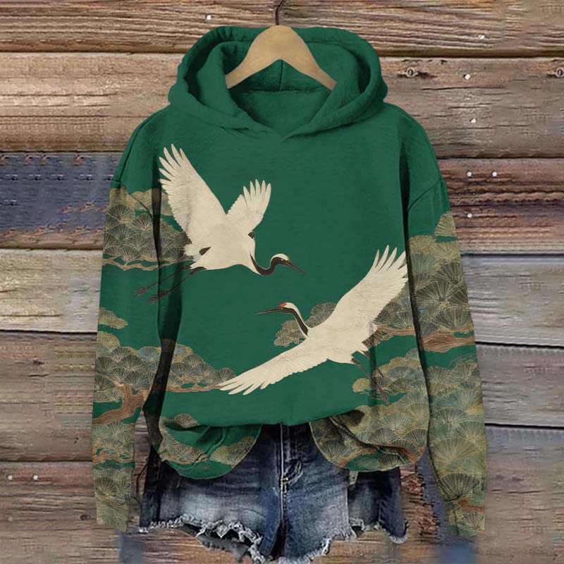 Japanese Vintage Elegant White Cranes Art Print Long Sleeve Hoodie - Green - US44-46(8XL) - image 2