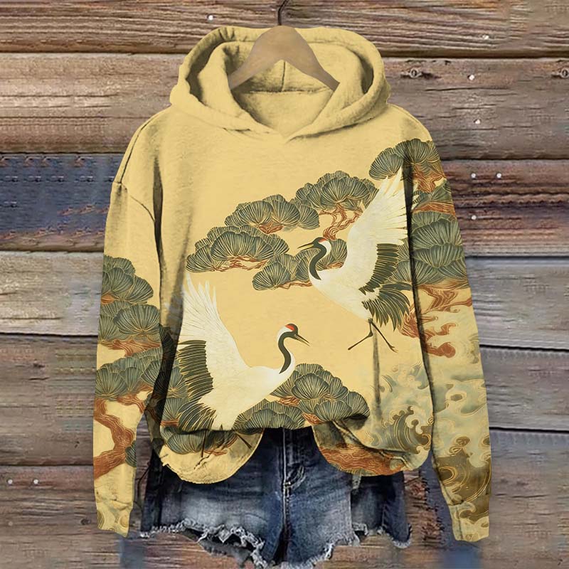 Japanese White Crane Resting On Pine Tree Art Print Long Sleeve Hoodie - Yellow - US44-46(8XL) - image 1