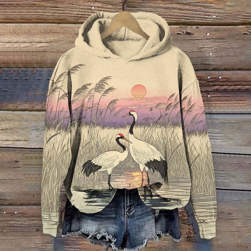Japanese Vintage Sunset & White Crane In Reedbed Art Print Long Sleeve Hoodie - Apricot - US44-46(8XL) - image 1