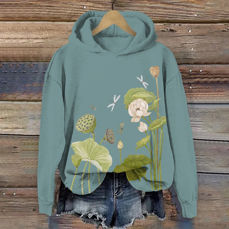 Vintage Summer Dragonfly Lotus Blossom & Lotus Pods Art Print Long Sleeve Hoodie - Blue - US44-46(8XL) - image 2