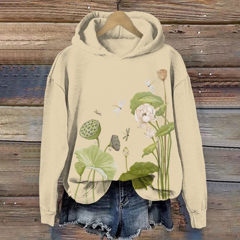 Vintage Summer Dragonfly Lotus Blossom & Lotus Pods Art Print Long Sleeve Hoodie - Apricot - US44-46(8XL) - image 1